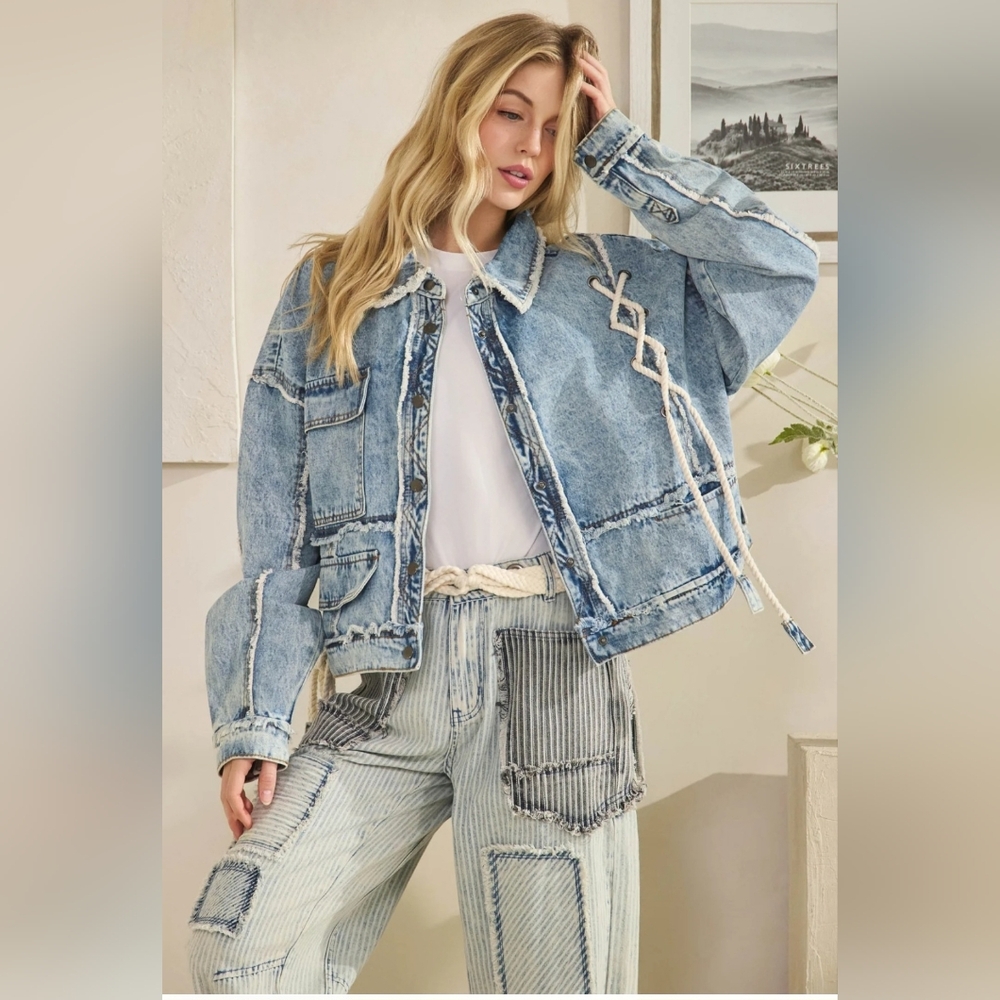 OLI & HALI Light Wash Rope-Trim Denim Jacket NWT sz M